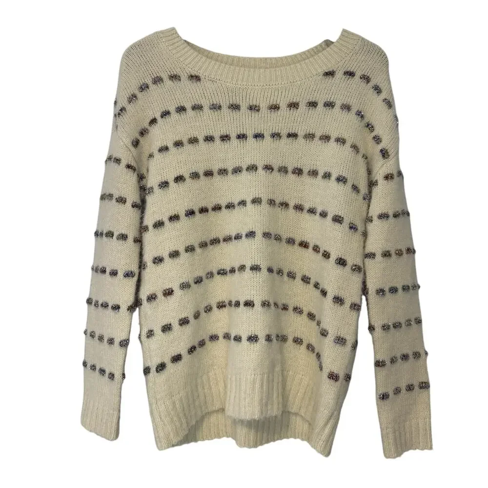 LOFT 3D Knit Sweater Women's Medium Sparkle Thread Embellished Cream - Picture 1 of 8